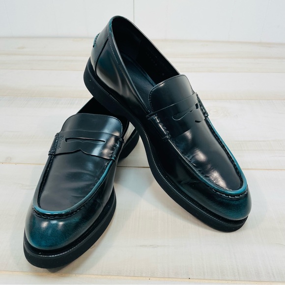 Gucci Men’s Black Leather Two-Tone Penny Loafer, Sz 8 Black Green - Picture 1 of 10